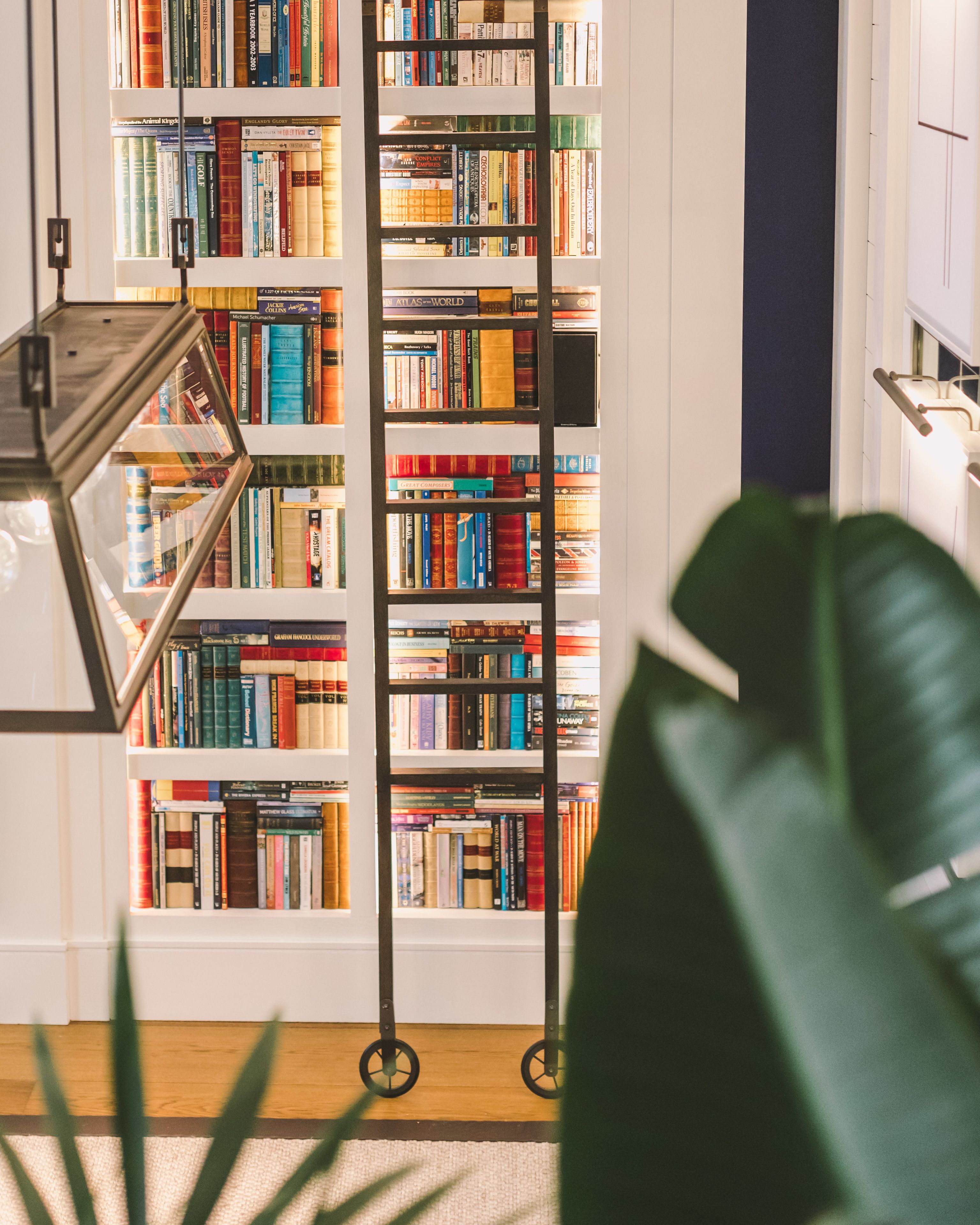 Una estantería llena de libros, una lámpara de pie y una planta grande en una habitación con suelo de madera.