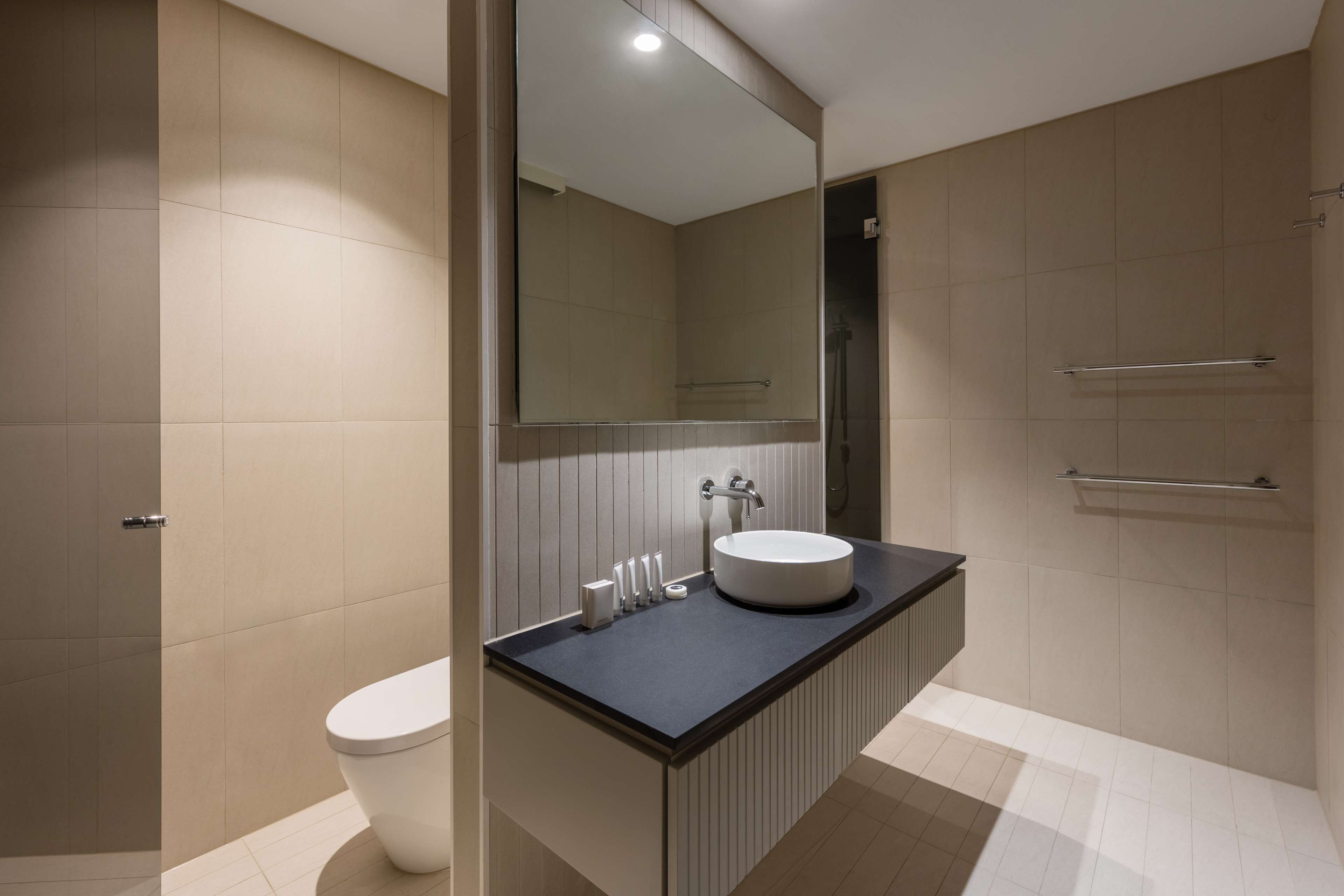 Un baño moderno con un inodoro blanco, un lavabo redondo y un espejo encima.