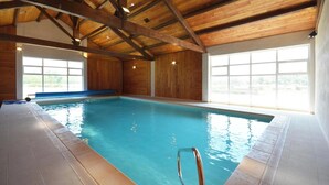 An indoor swimming pool with wooden beams, large windows, and a clear view of the outdoors. - Homerez - House near Saintes-Maries-de-la-Mer (Saintes-Maries-de-la-Mer)