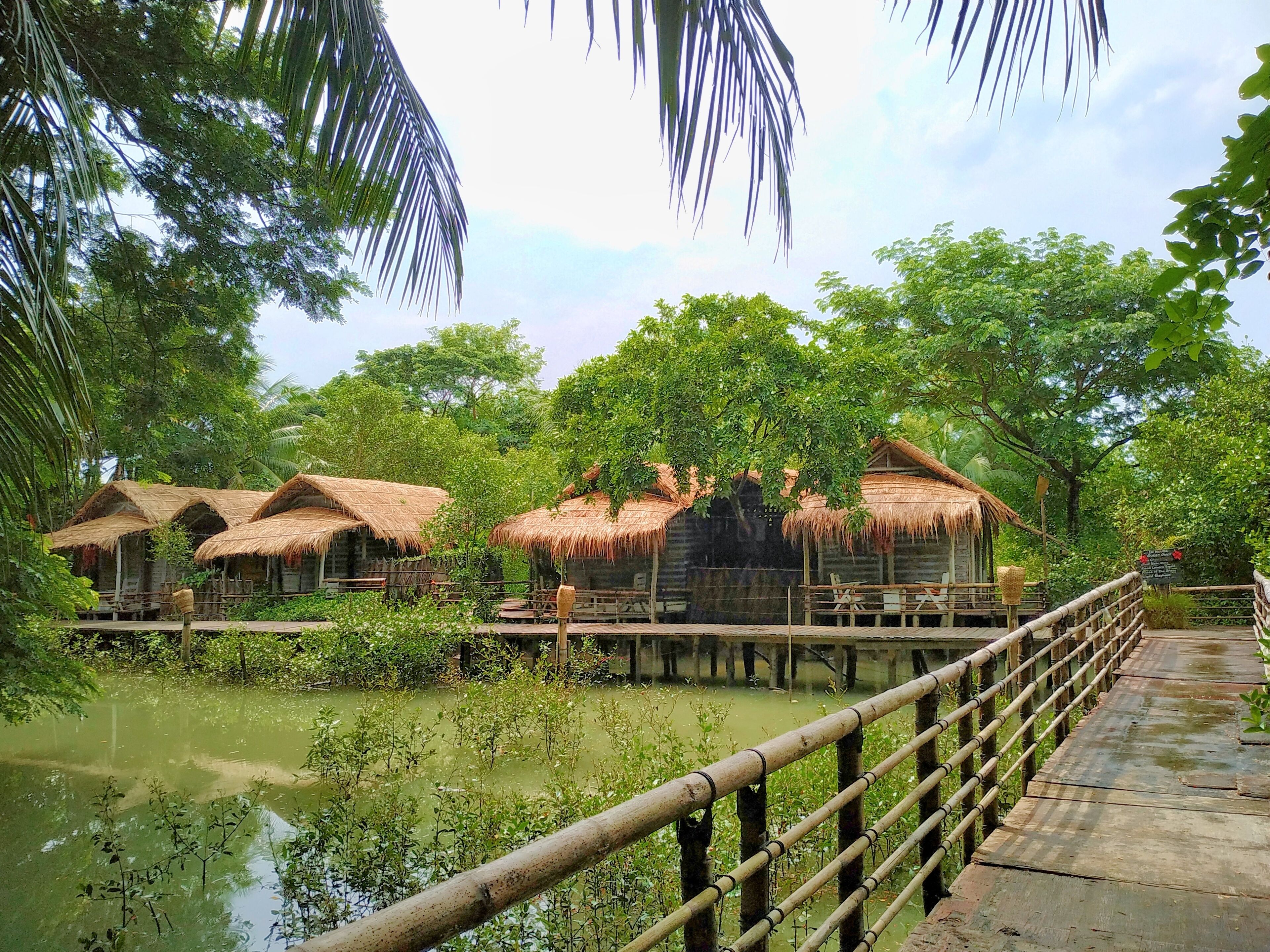 A wooden bridge leading to thatched-roof huts over a calm water body, surrounded by lush greenery.