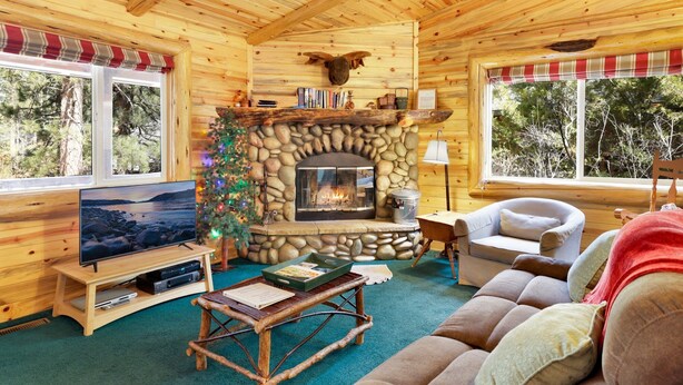 Ein gemütliches Blockhaus-Interieur mit Kamin, Fernseher, Weihnachtsbaum und einer komfortablen Sitzecke.