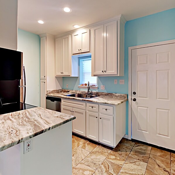 Fridge, microwave, stovetop, coffee/tea maker