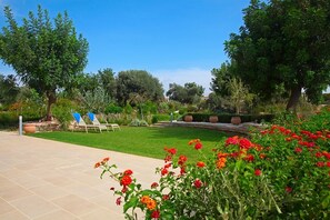 A well-maintained garden with a paved patio, lush greenery, and a variety of flowering plants.