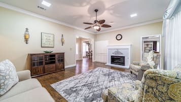 Smart TV, fireplace, books