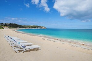 On the beach, sun loungers, beach towels - Joie de Vivre (4 bedrooms) - Beachfront Baie Rouge villa with pool, Terres Basses, St. Martin (Les Terres Basses)