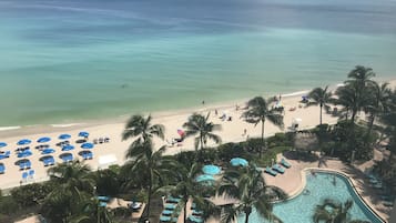 On the beach, sun-loungers, beach towels