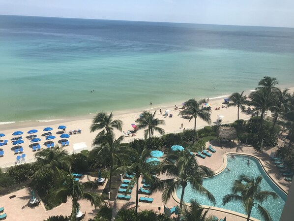 On the beach, sun-loungers, beach towels