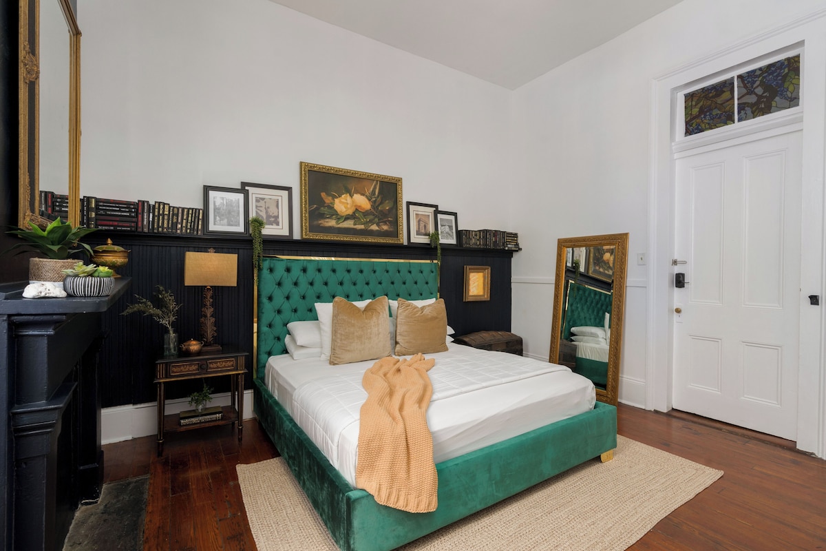 Premium bedding, desk, laptop workspace, iron/ironing board