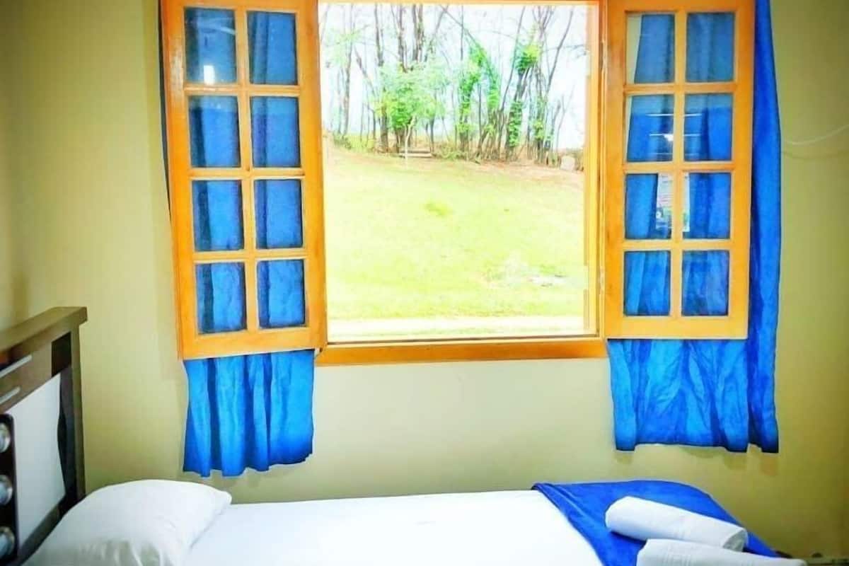 Una habitación con una cama, una ventana con cortinas azules y vistas a una zona con césped.