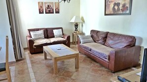 A living room with two sofas, a coffee table, a lamp, and a TV.