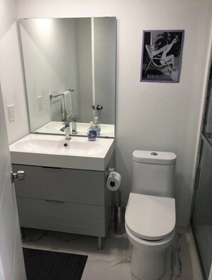 Douche, sèche-cheveux, serviettes fournies, savon