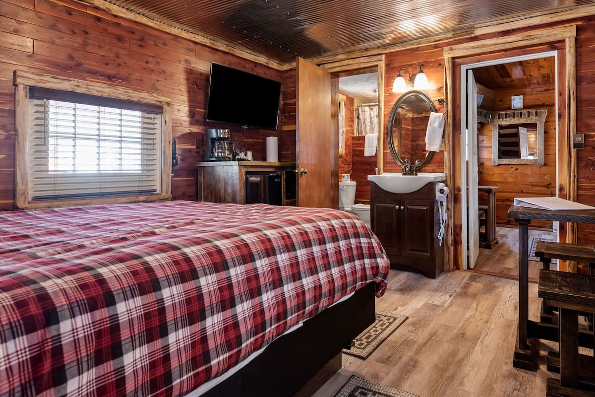 Dormitorio de cabaña de madera con cama, televisor, lavamanos y espejo.