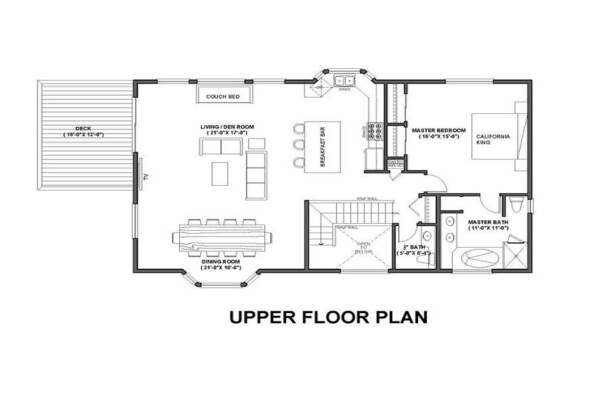 An upper floor plan with a deck, living/dining room, master bedroom, master bathroom, and a California King bed.