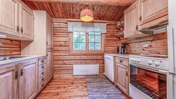Fridge, stovetop, dishwasher, coffee/tea maker