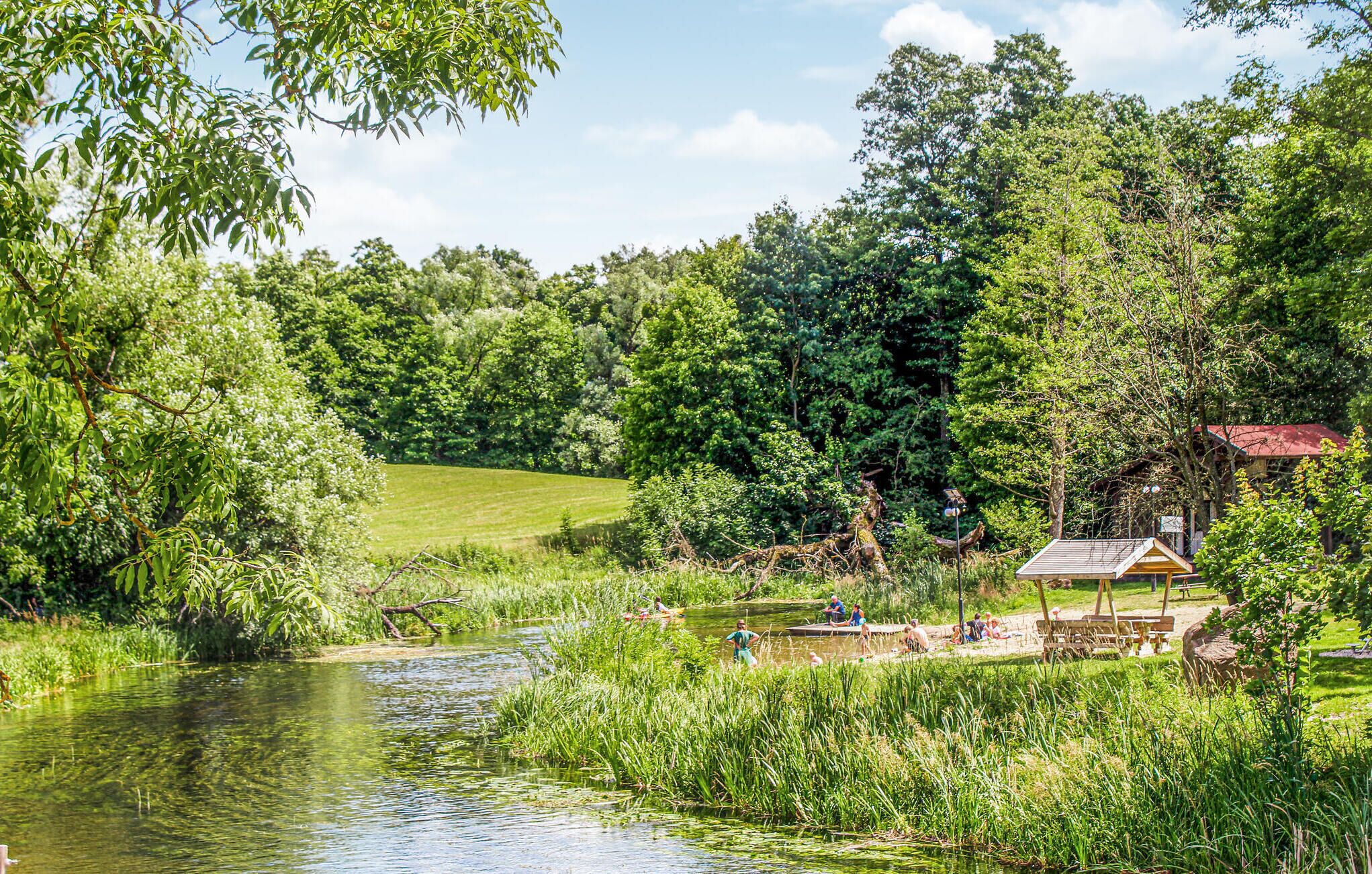 Een vredige oever met een houten prieel en picknicktafels, omringd door weelderig groen en bomen.