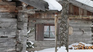 A rustic log cabin with a window, snow accumulation, and a tree in front. - Ferienwohnung in Obernberg (Obernberg)