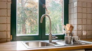 Una cocina con un lavamanos de acero inoxidable, encimera de madera y una ventana con vistas a árboles.