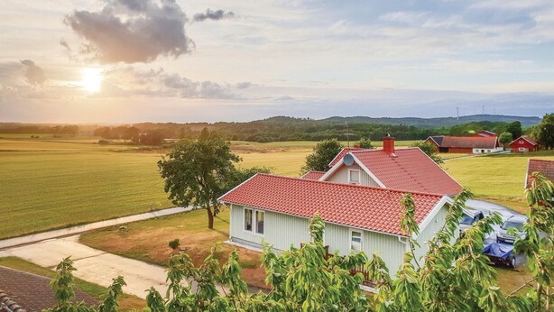 Una casa di campagna con tetto rosso, immersa in prati verdi e alberi.