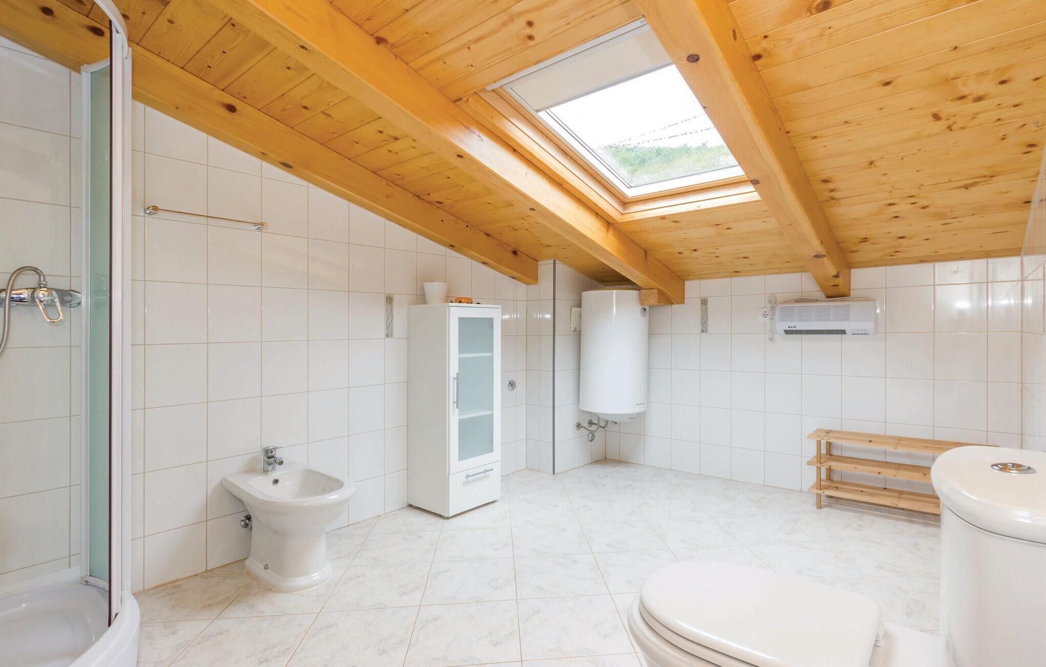 A bathroom with a skylight, a bidet, a toilet, and a shower.