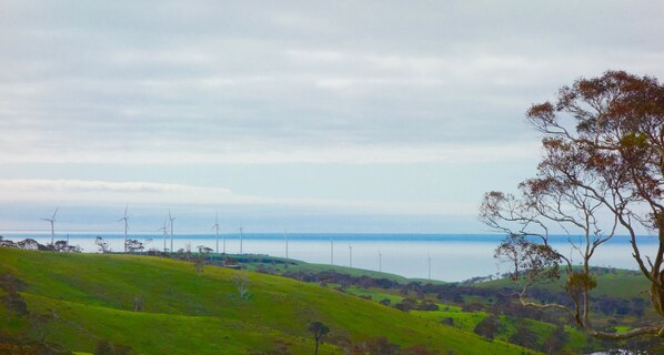 A landscape with rolling hills, a body of water, and wind turbines in the distance.