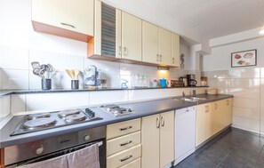 Fridge, stovetop, dishwasher, coffee/tea maker