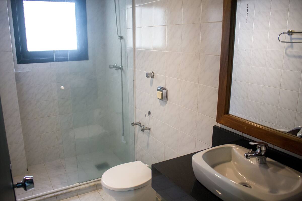 A bathroom with a glass-enclosed shower, a white toilet, and a sink with a mirror above it.