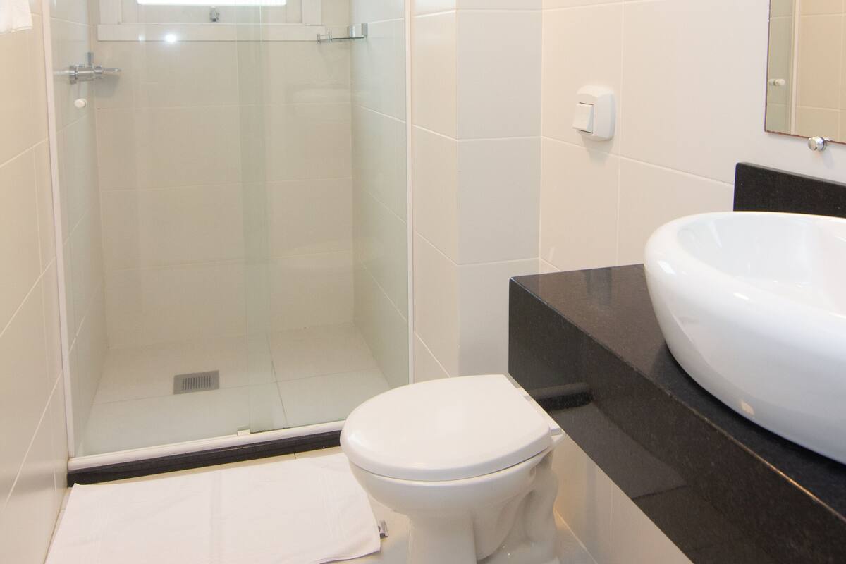 A bathroom with a glass-enclosed shower, a white toilet, a large sink, and a mirror above the sink.