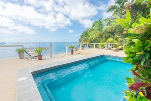 A swimming pool with a view of the ocean and palm trees. - Large Beachfront Penthouse w/Private Rooftop & Plunge Pool (Roatan)