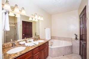 Shower, jetted tub, hair dryer, towels
