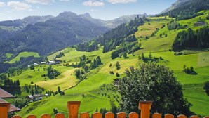 Ein weiter Panoramablick auf eine gebirgige Landschaft mit grünen Feldern, verstreuten Häusern und blauem Himmel.