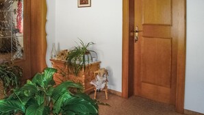Ein Zimmer mit Holztür, einem kleinen Tisch mit Pflanze und einem Spiegel, der einen Teil des Raumes widerspiegelt.