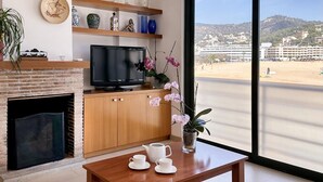 Un salon moderne avec une cheminée, un téléviseur et une vue sur la plage.