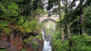 A waterfall in a forested area with a stone bridge in the background.