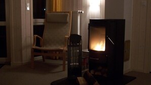 A cozy living room with a fireplace, a wooden chair, and a radiator. - Gorgeous home in Schönhagen with sauna (Schönhagen)