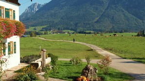 A rural landscape with a mountain in the background, a road, and a building with a balcony. - Vacation apartment Sunnseitn for 4 persons, 2 bedrooms, 2 balconies, 54 sqm (Inzell)