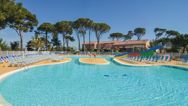 A large outdoor swimming pool with multiple lanes, surrounded by lounge chairs and palm trees. - 1 bedroom awesome home in Calvisson (Calvisson)
