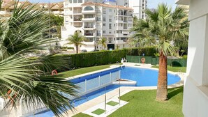 Ein Swimmingpool mit Palme und Hecke, umgeben von einer gepflegten Rasenfläche.