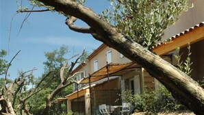 Un muro de piedra, un árbol y un edificio con techo inclinado.