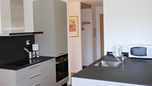 A modern kitchen with a black countertop, stainless steel appliances, and a microwave. - Greppons N 002 - MOUNTAIN apartment 9 pers (Veysonnaz)