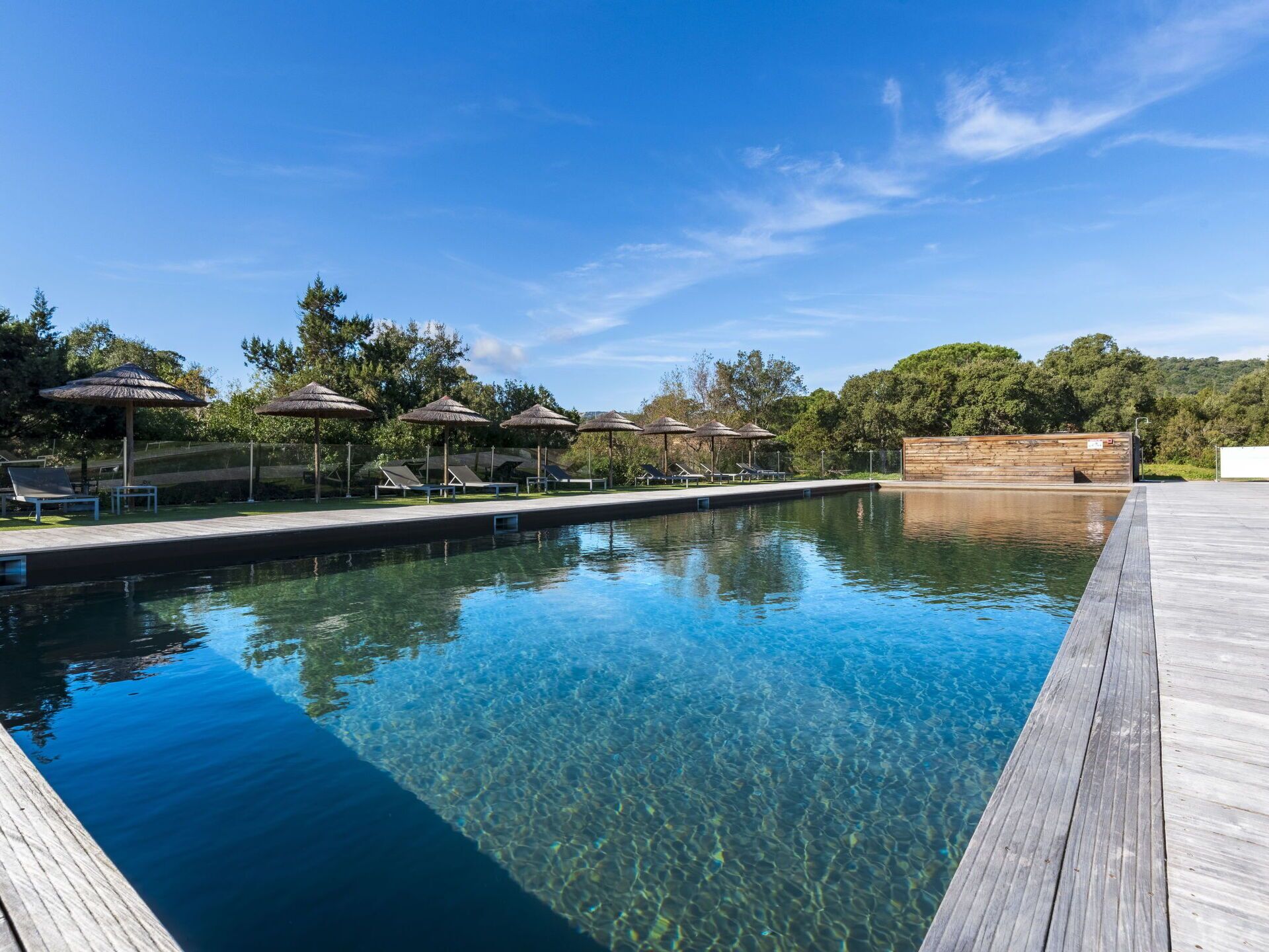 A clear swimming pool with wooden deck and lounge chairs, surrounded by trees and a wooden fence.