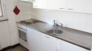 Een koelkast, een oven, een vaatwasser, een koffiezetapparaat/waterkoker