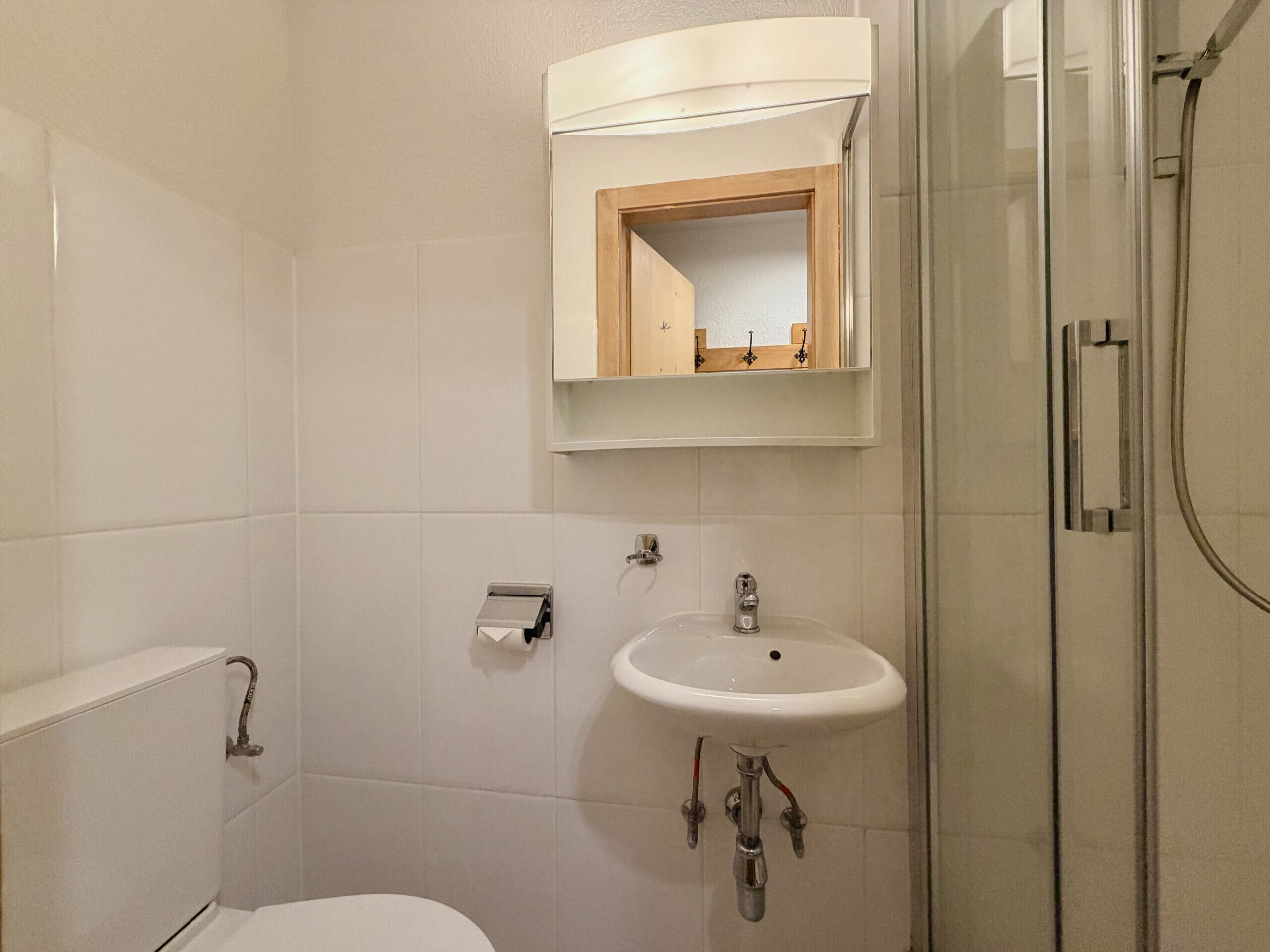 Ein Badezimmer mit Dusche, Waschbecken und Toilette.
