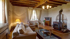 A cozy living room with a sofa, a small table with a vase of flowers, a television, and a wood-burning stove. - Spacious and cozy family gîte, pets allowed, up to 10 people (Saint-Martin-la-Sauveté)
