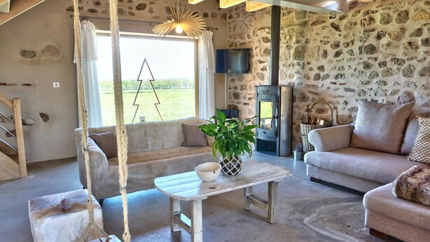 A cozy living room with a stone wall, a fireplace, a swing, and a sofa. - Authentic House with Spa and Pets Allowed (Saint-Forgeux-Lespinasse)