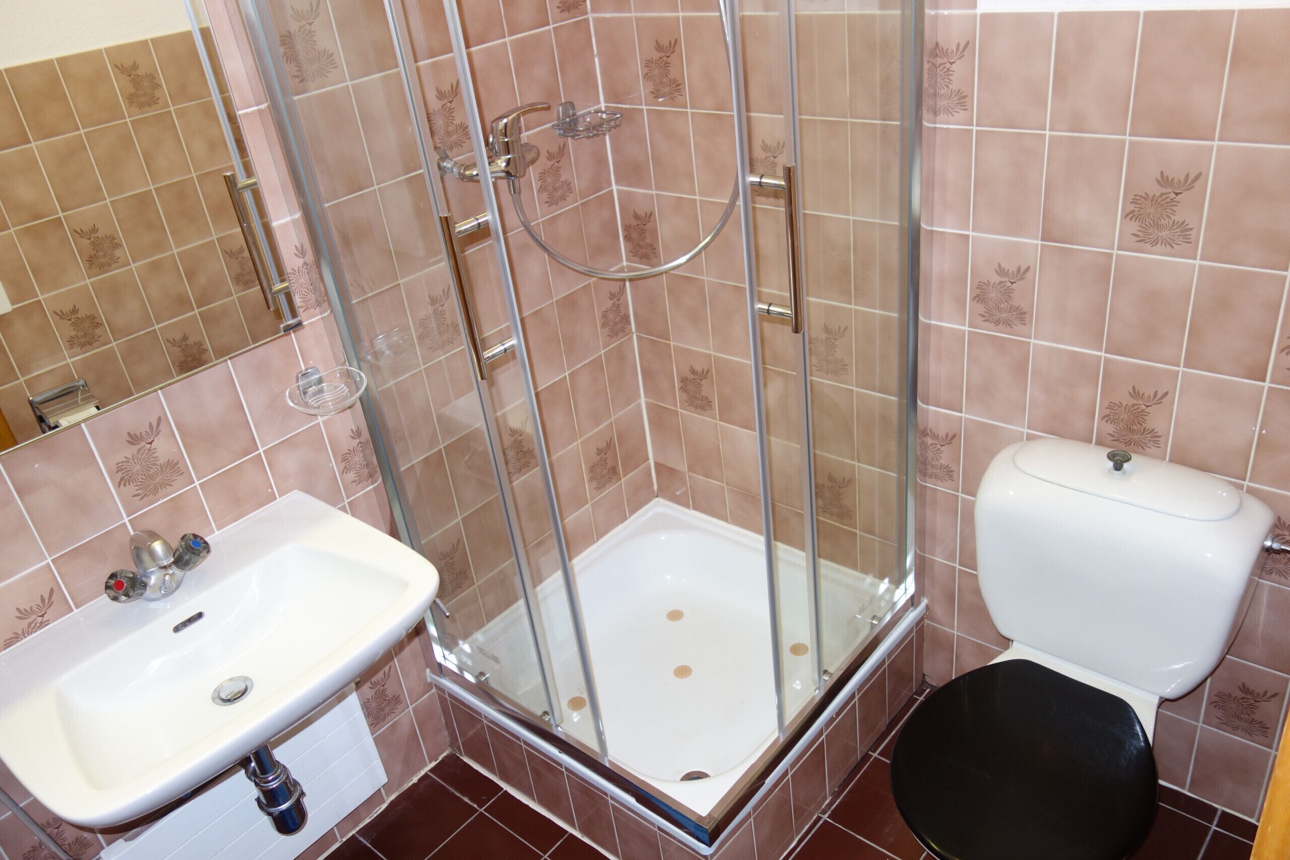 A bathroom with a glass-enclosed shower, a white sink, and a toilet.