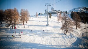 Een skipiste met een skigebied, bomen en skiërs.