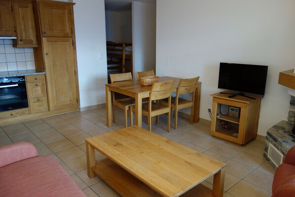 Télévision, cheminée, lecteur de DVD