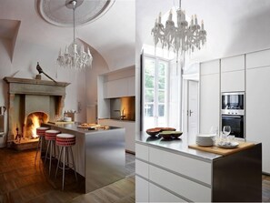 Horno, freezer, mesa de comedor