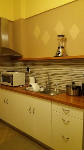 Fridge, oven, stovetop, coffee/tea maker