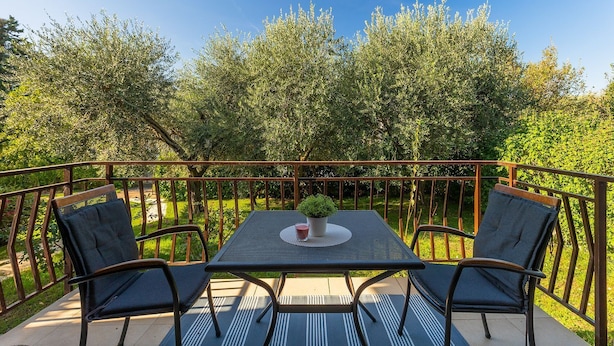 Ein Balkon mit Tisch und Stühlen, umgeben von einem Metallgeländer, mit Blick auf einen Garten mit Bäumen und Sträuchern.